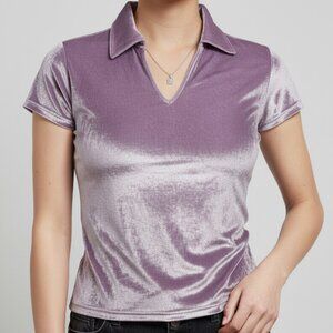 Vintage 90s princess lilac pastel purple velvet v-neck short-sleeved polo shirt